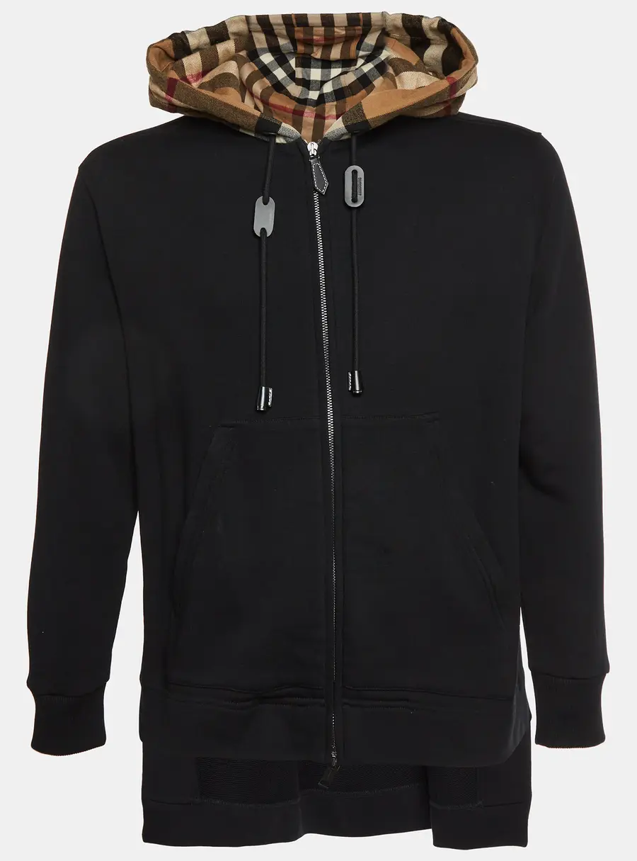 Burberry Black Checked Hood Jersey Knit Zip Up Hoodie XXS