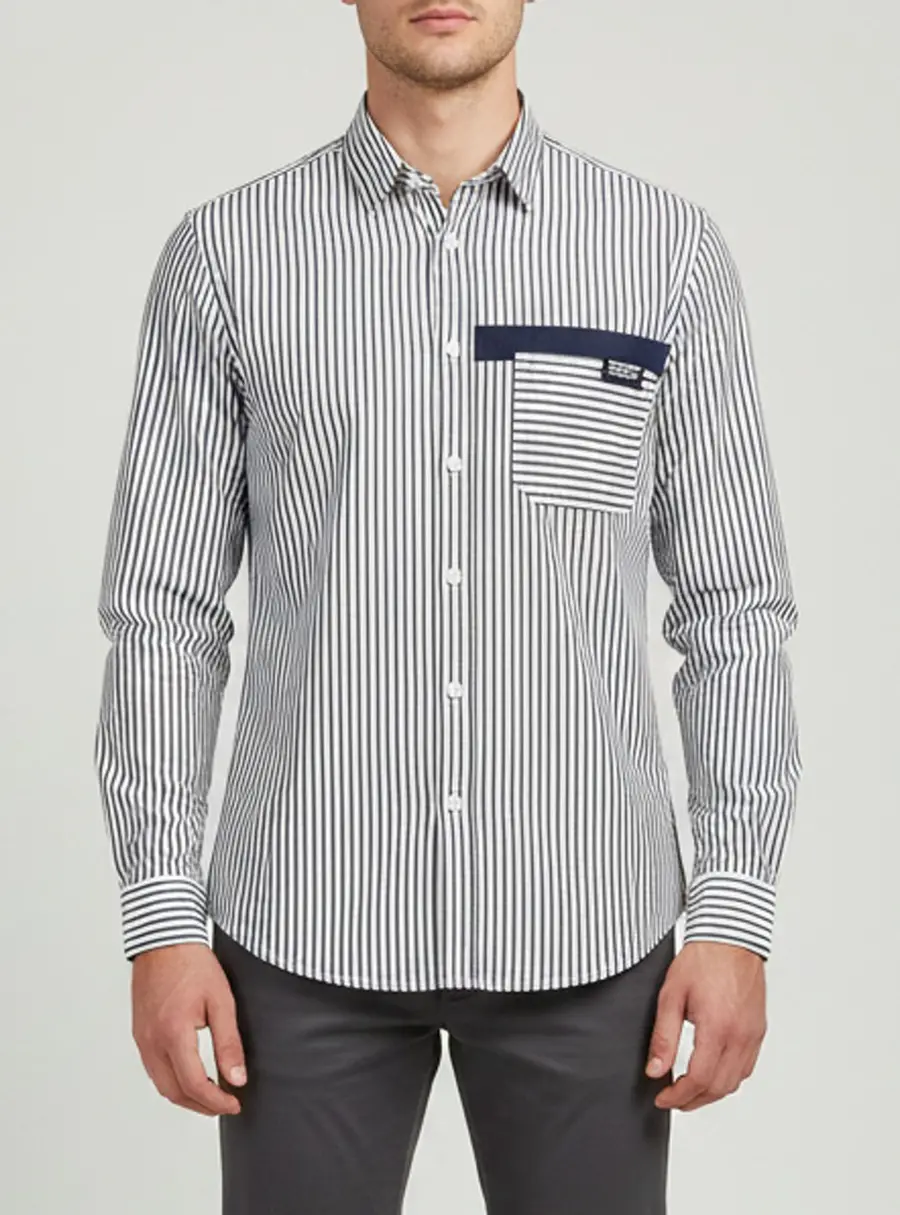 Burberry Navy Blue/White Striped Cotton Button Up Shirt L