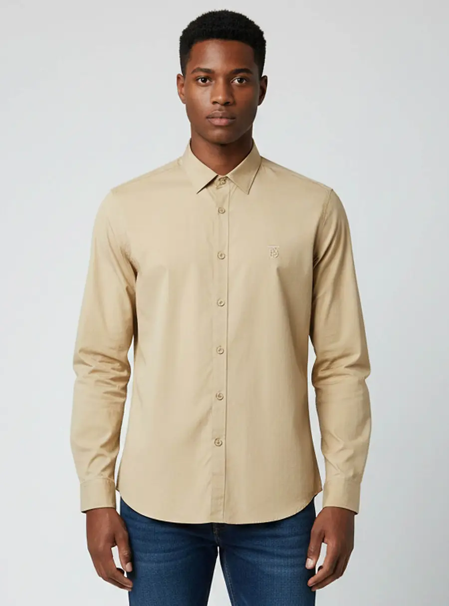 Burberry Beige Logo Embroidered Cotton Long Sleeve Shirt XXL