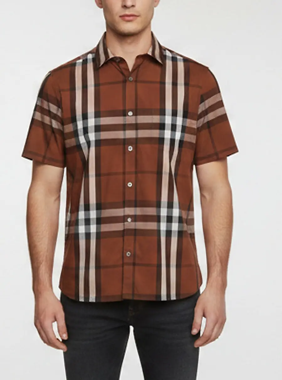 Burberry Brown Check Print Poplin Short Sleeve Shirt L