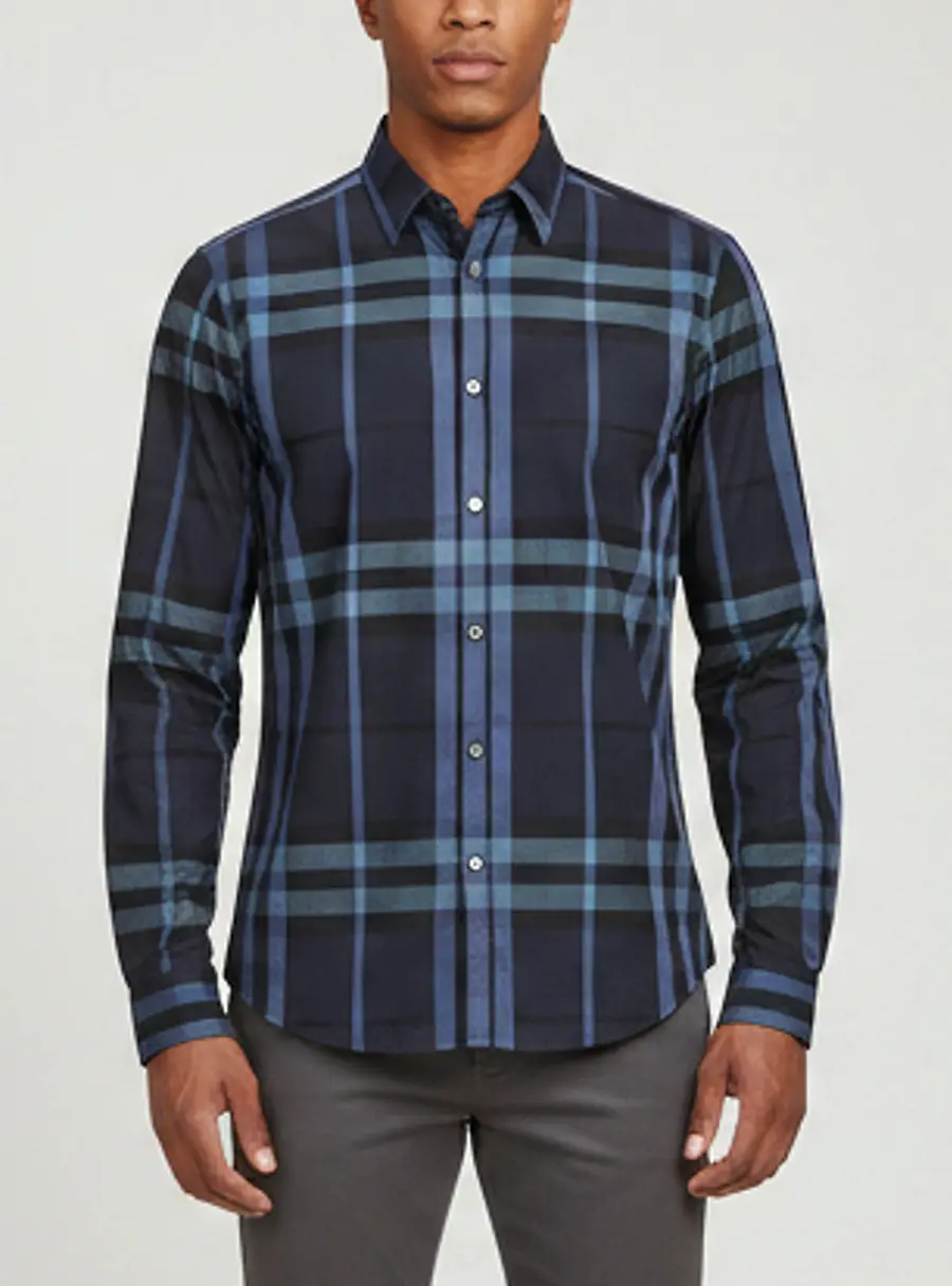 Burberry Navy Blue Check Print Poplin Button Up Shirt M