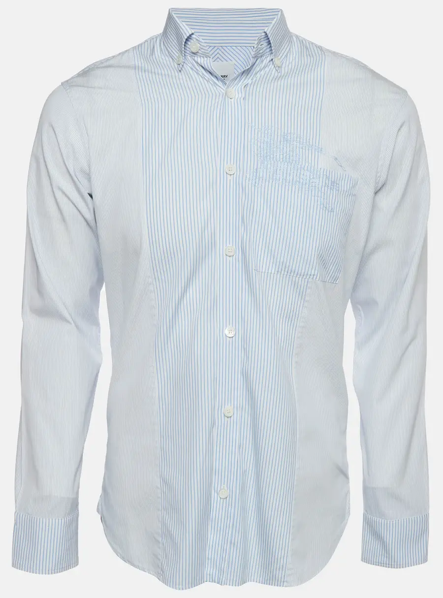 Burberry Blue Striped Logo Embroidered Poplin Slim Fit Shirt S