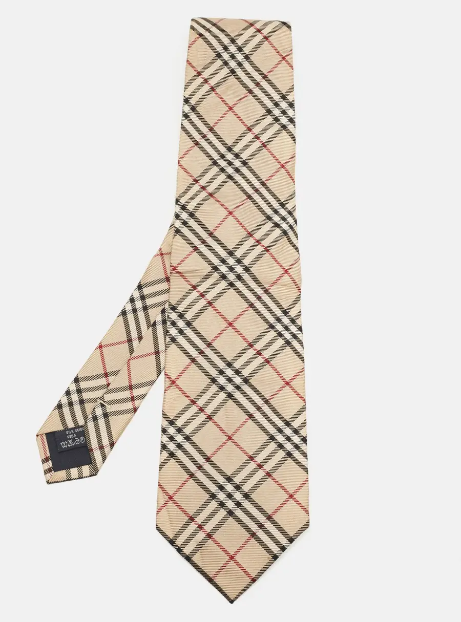 Burberry Beige Check Pattern Silk Traditional Tie