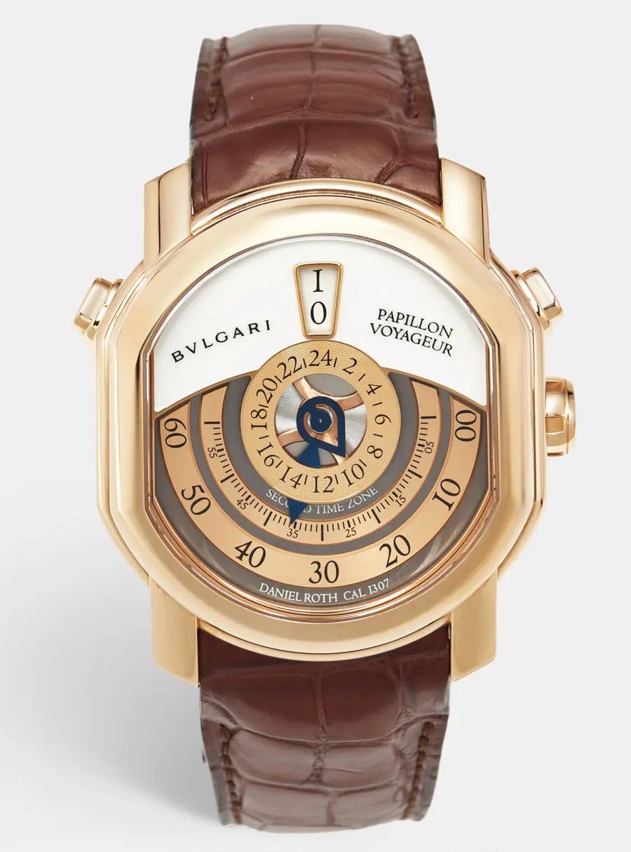 Bvlgari Daniel Roth Papillon Voyageur Limited Edition GMT 101835 White Dial 18K Rose Gold Alligator Leather Men's Wristwatch 43 mm