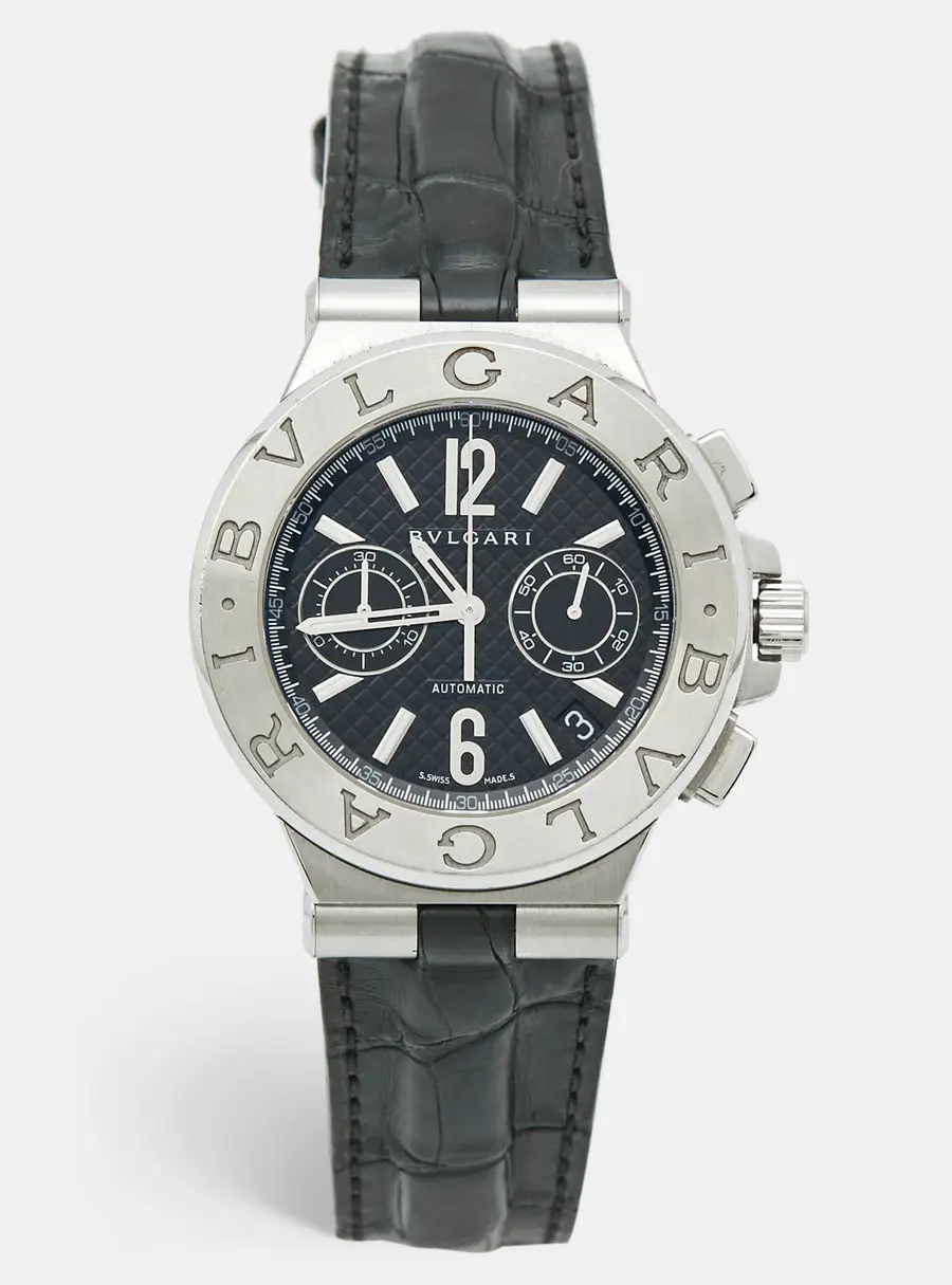 Bvlgari Diagono DG40SCH Black Dial Stainless Steel Alligator Leather Men's Wristwatch 40 mm