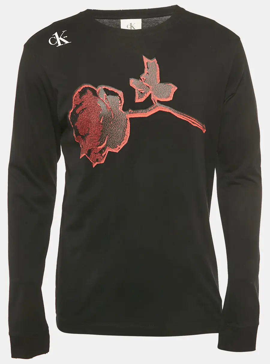 Calvin Klein CKone Black Rose Print Jersey Distressed T-Shirt XS