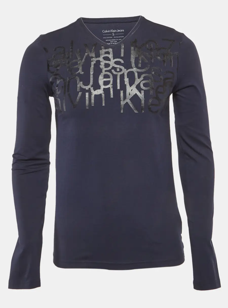 Calvin Klein Navy Blue Printed Jersey V-Neck T-Shirt S