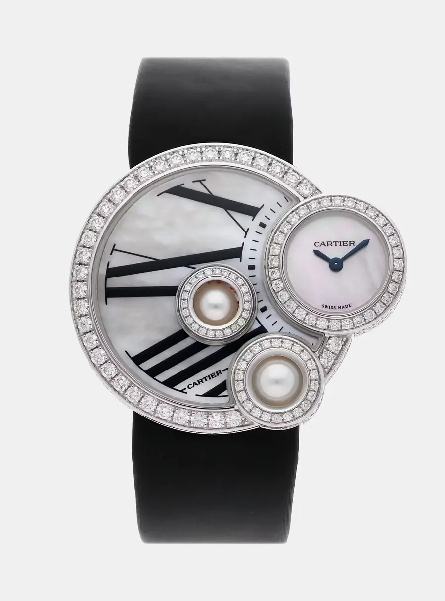 Cartier Libre Perles de Cartier WJ304850 Quartz White Mother of Pearl Dial 18k White Gold Diamond Men's Wristwatch 35mm
