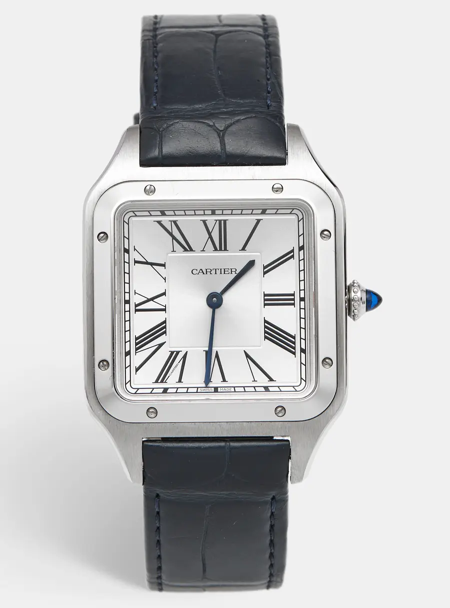 Cartier Santos Dumont WSSA0032 Silver Dial Stainless Steel Alligator Leather Men's Wristwatch 33.90 mm