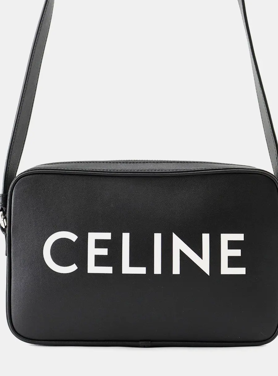 Celine Logo Messenger Bag Black Leather
