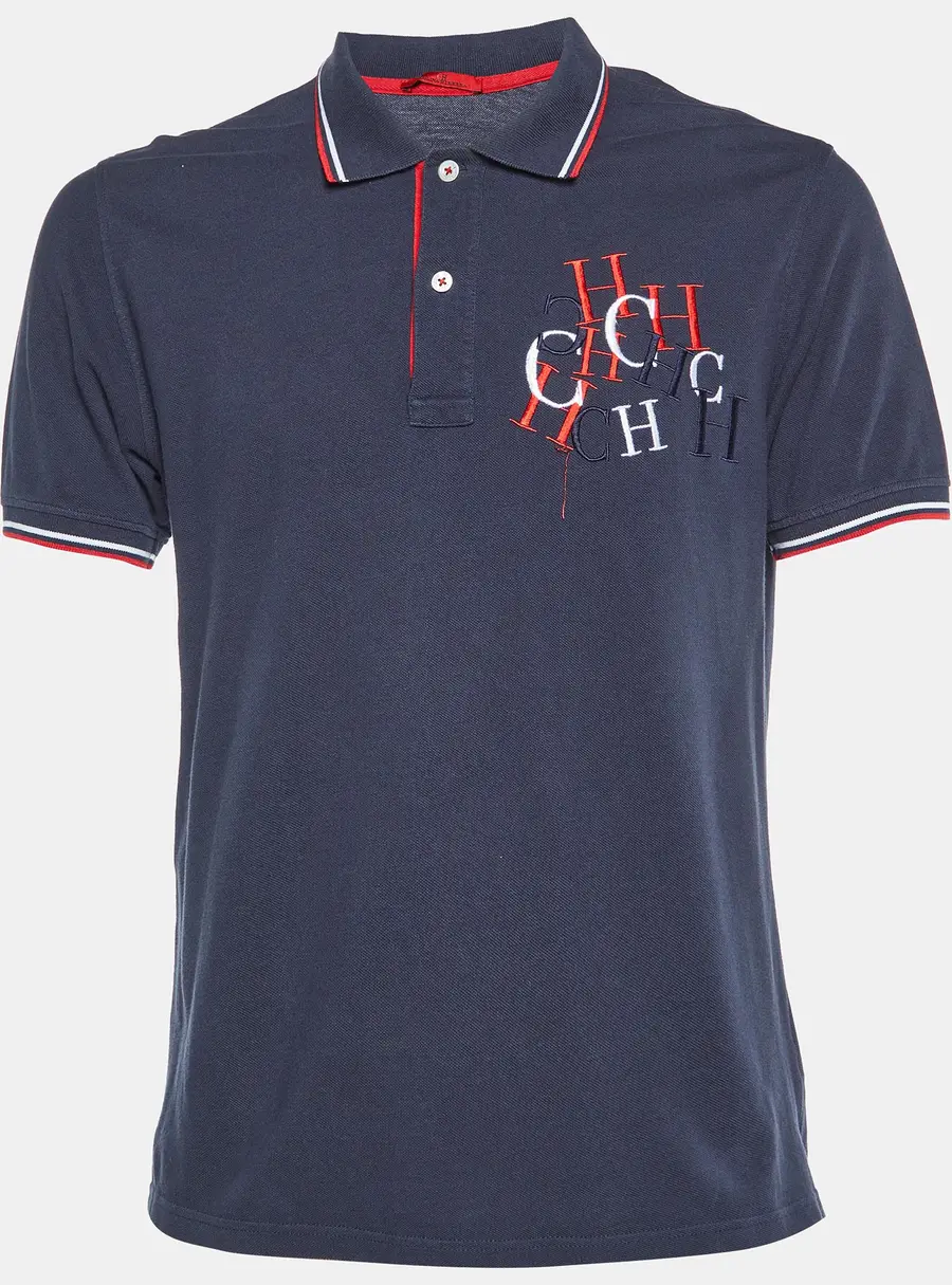 CH Carolina Herrera Navy Blue Logo Embroidered Cotton Polo T-Shirt L