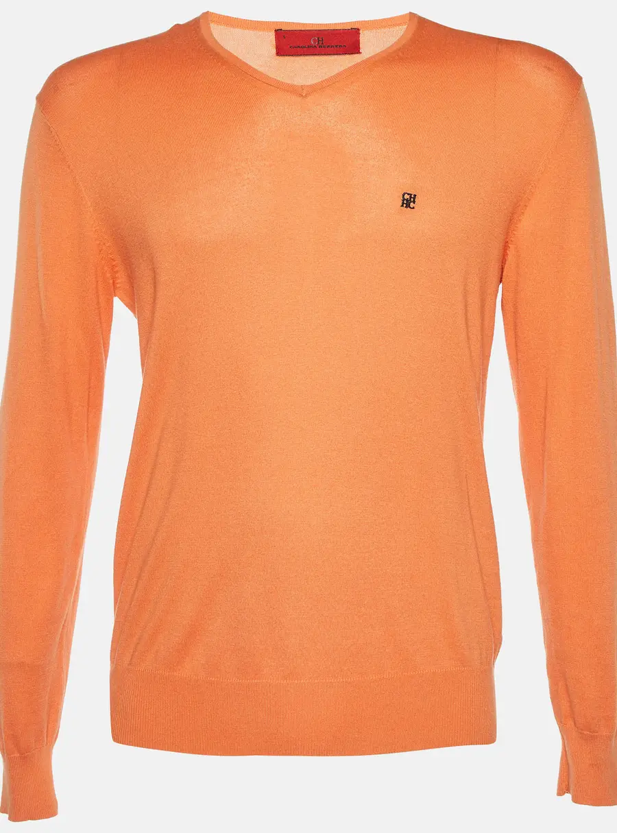 CH Carolina Herrera Orange Cotton Knit V-Neck Sweater S