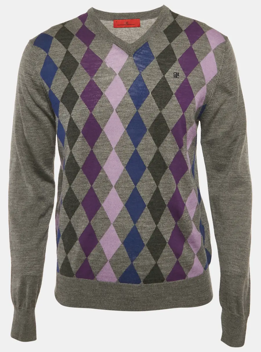 CH Carolina Herrera Grey Argyle Wool V-Neck Sweater M