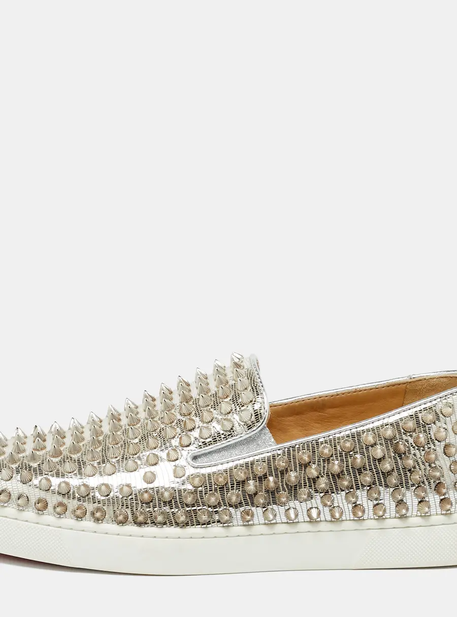 Christian Louboutin Metallic Silver Leather Roller Boat Slip On Sneakers Size 40