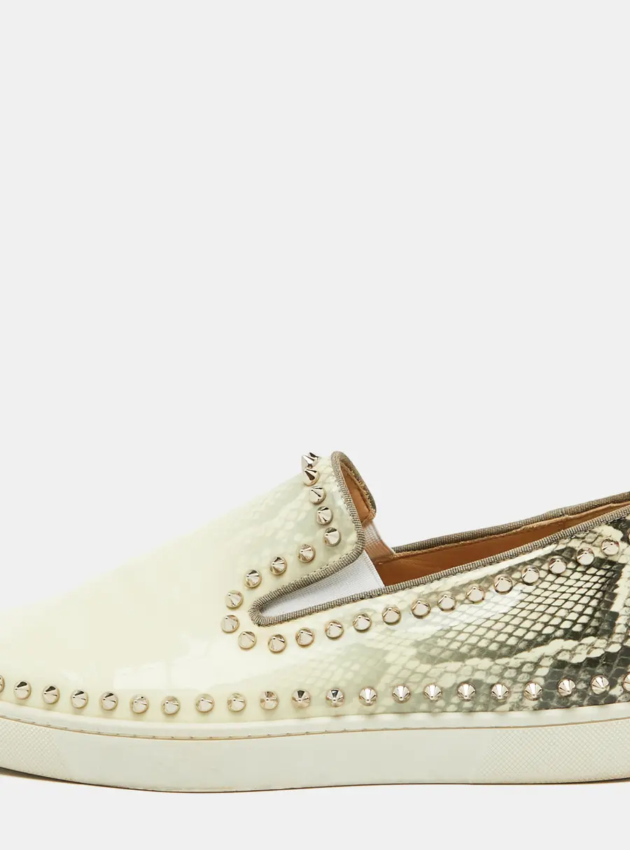 Christian Louboutin White/Grey Snakeskin Print Patent Leather Pik Boat Sneakers Size 40.5