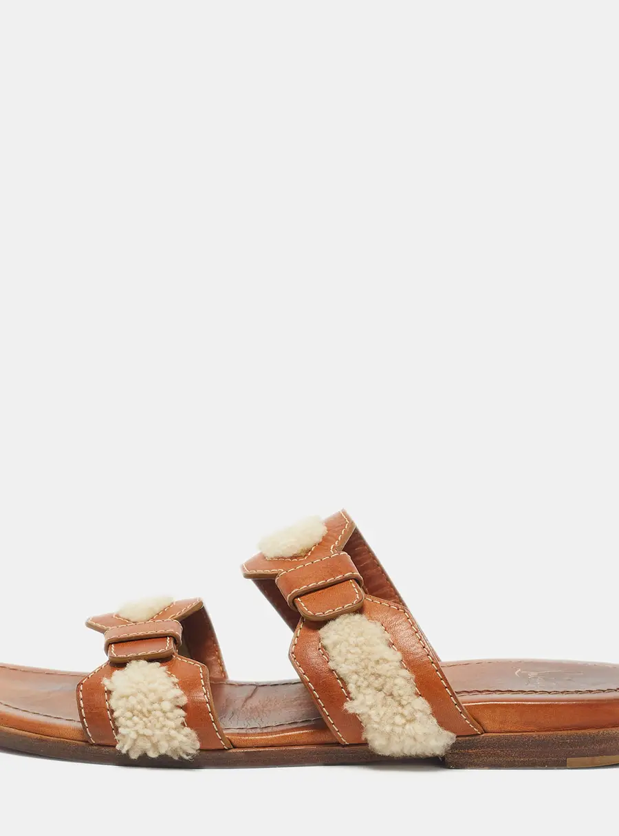 Christian Louboutin Brown Leather and Shearling Double Strap Flat Sandals Size 43