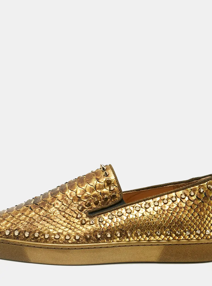 Christian Louboutin Gold Python Leather Pik Boat Slip On Sneakers Size 43.5
