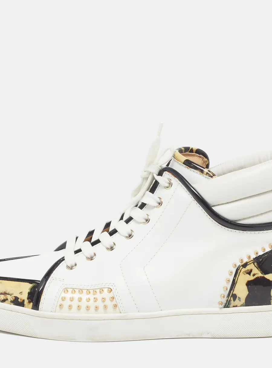 Christian Louboutin Spike Size 43.5 Tricolor Leather and Patent Stone Print High Top Sneakers