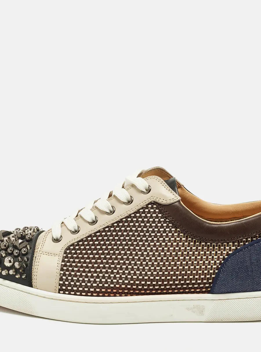 Christian Louboutin Lou Spike Orlato Size 44 Multicolor Denim and Woven Leather Low Top Sneakers