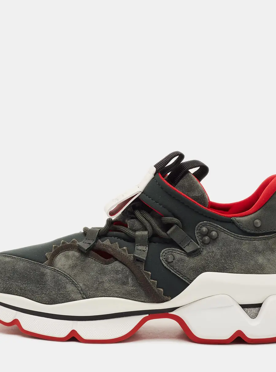 Christian Louboutin Red Runner Size 42.5 Dark Green Neoprene and Suede Low Top Sneakers