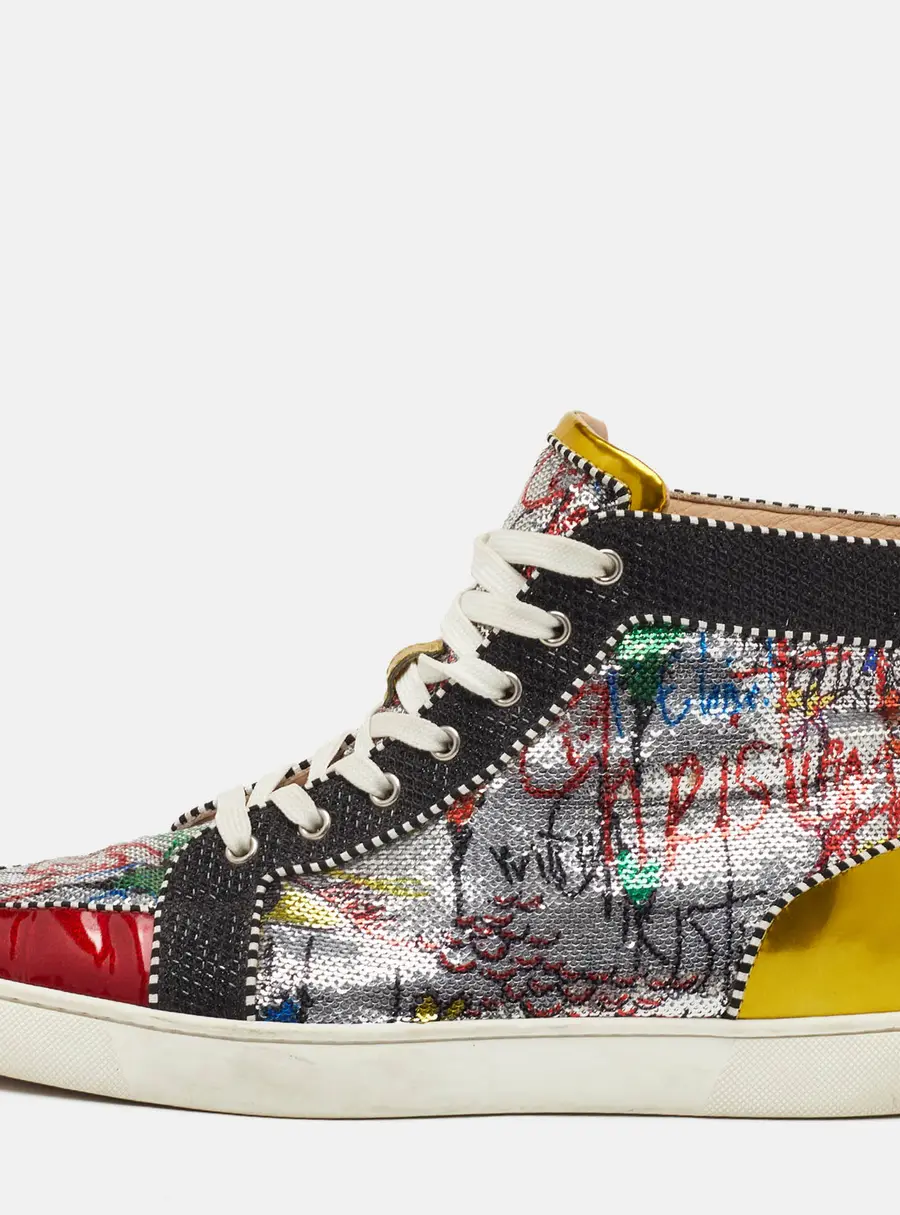 Christian Louboutin Rantulow Orlato Size 43.5 Multicolor Lurex Fabric, Patent Leather and Sequins High Top Sneakers