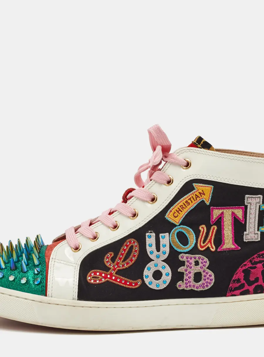 Christian Louboutin Lou Spikes Size 44 Multicolor Glitter, Patent Leather and Suede High Top Sneakers