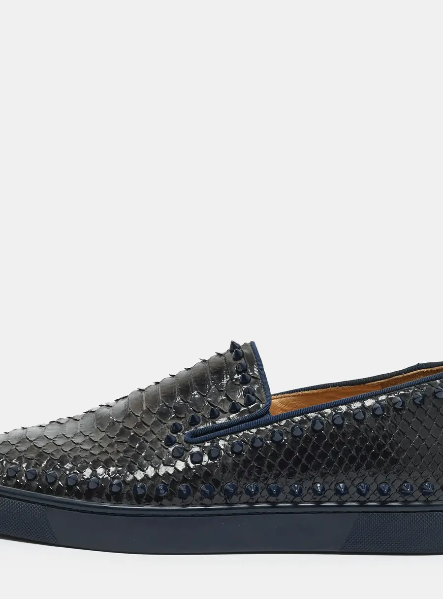 Christian Louboutin Pik Boat Size 42.5 Navy Blue Python Leather Slip On Sneakers