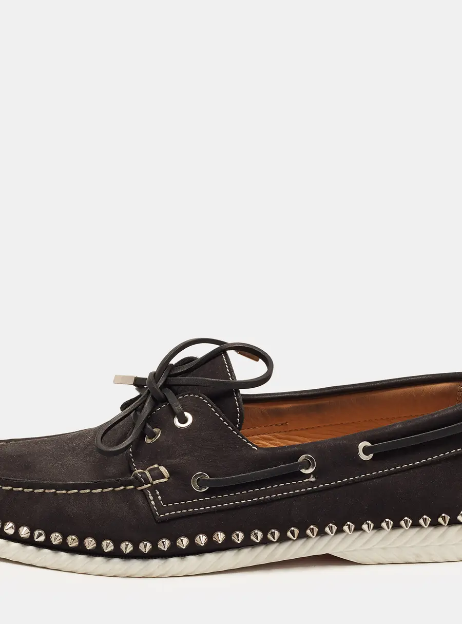 Christian Louboutin Steckel Size 44.5 Black Nubuck Leather Spike Boat Loafers