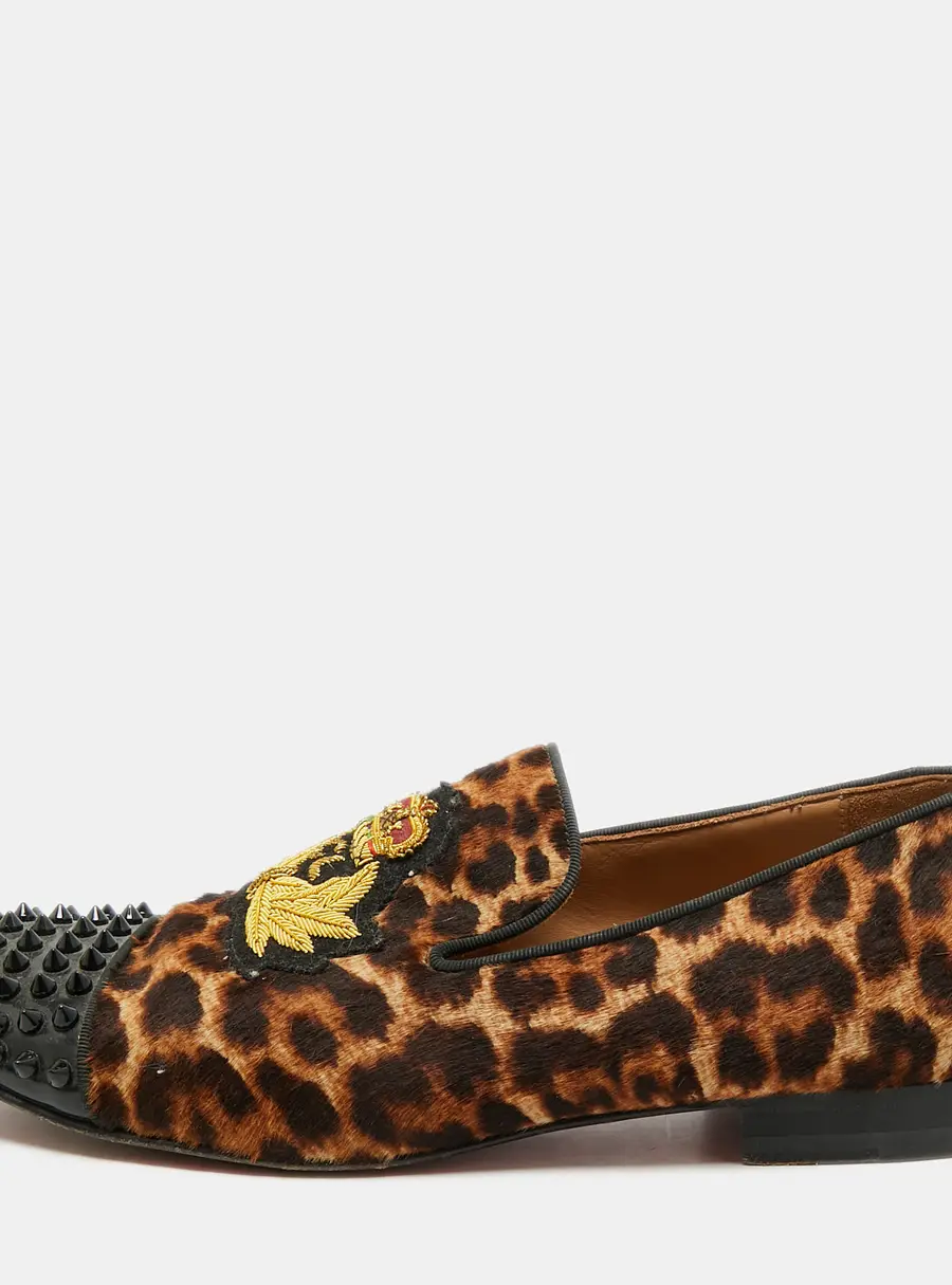 Christian Louboutin Nanou Crest Size 42 Black/Brown Calf Hair and Patent Leather Smoking Slippers