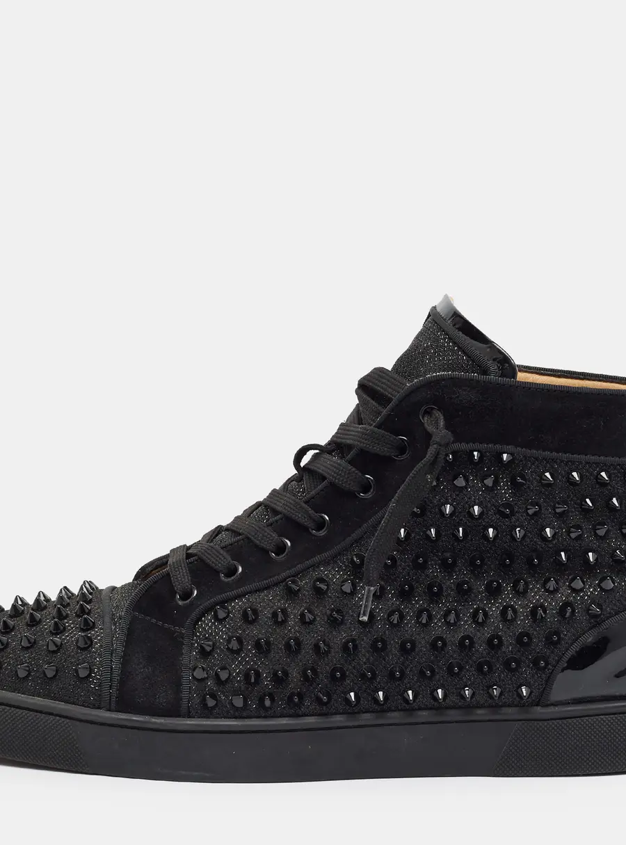 Christian Louboutin Louis Spikes Size 47 Black Glitter and Suede High Top Sneakers