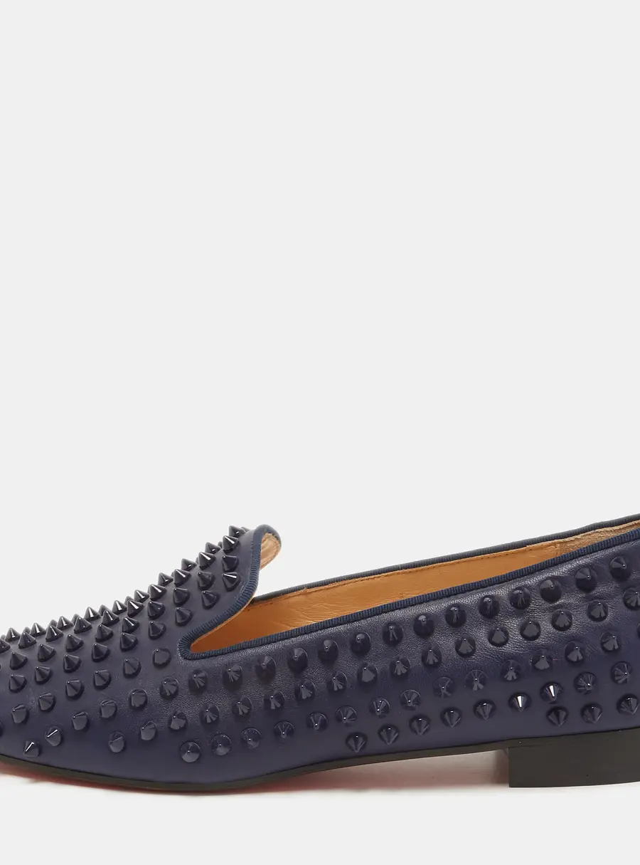 Christian Louboutin Navy Blue Leather Dandelion Spike Slip On Loafers Size 41