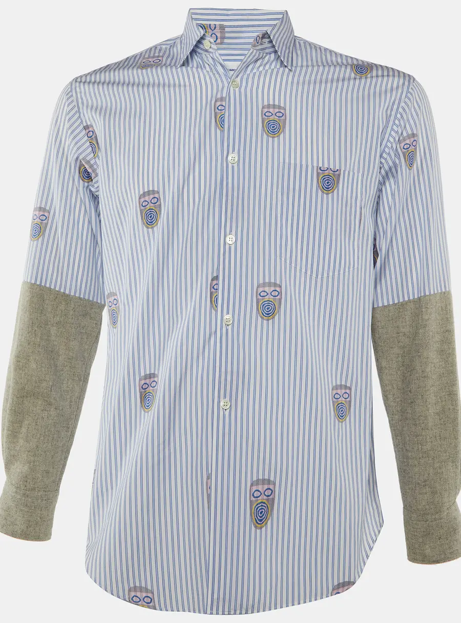 Comme des Gar&ccedil;ons White & Blue Striped Contrast Sleeve Detail Shirt XS