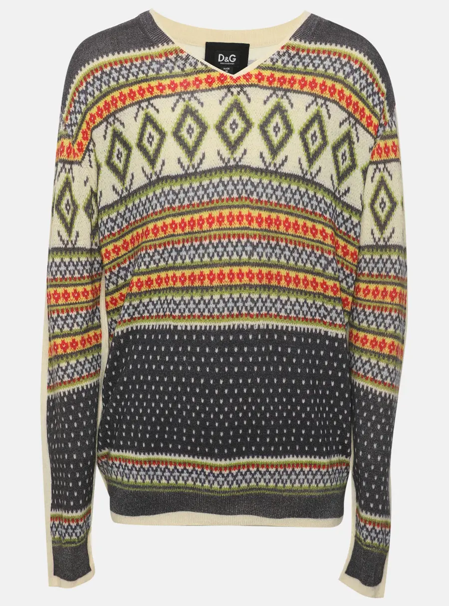D&G Multicolor Printed Wool Nordic Inspired Patterned Sweater XXL