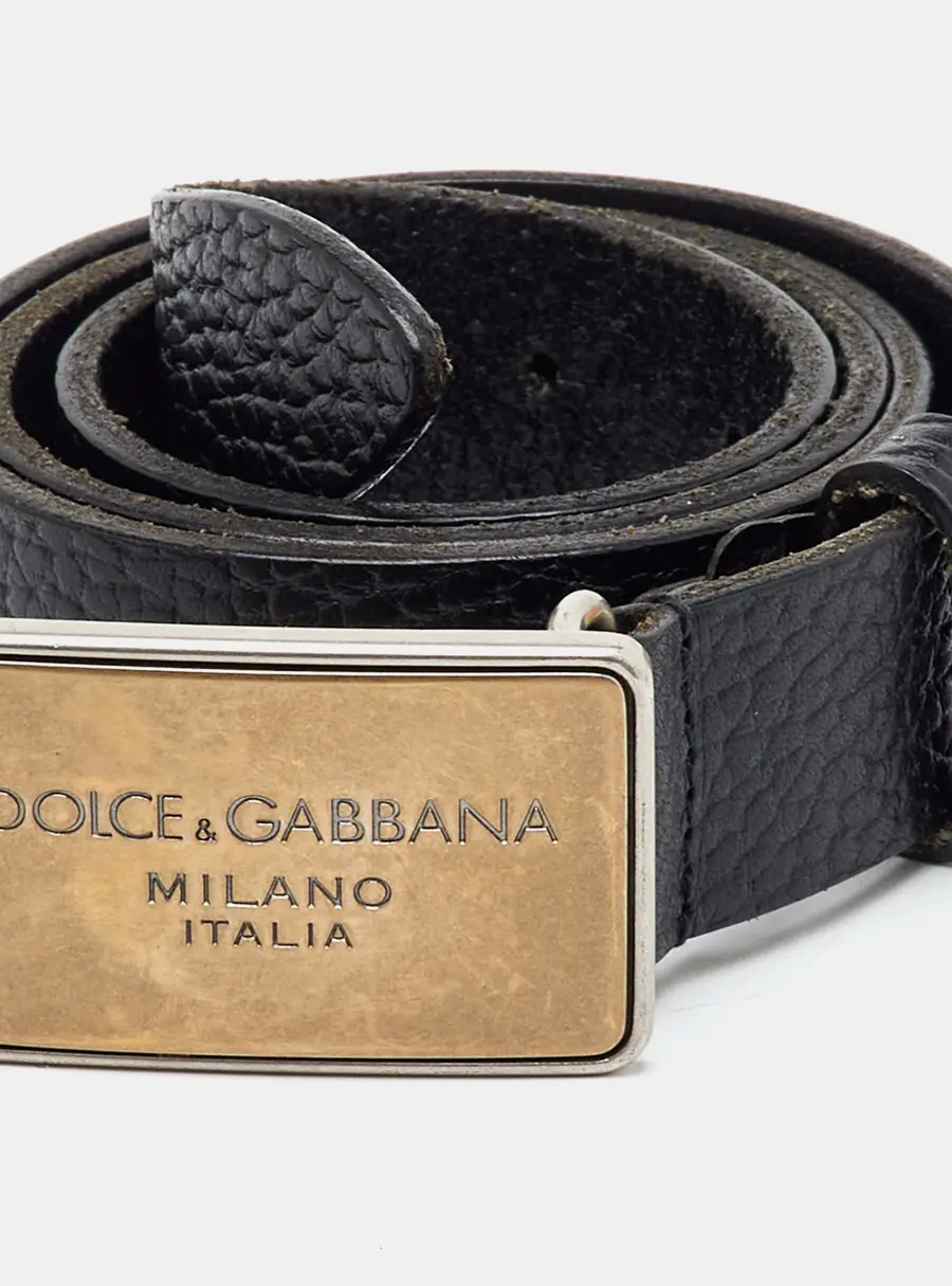 Dolce & Gabbana Logo Plaque 85CM Black Leather Buckle Belt