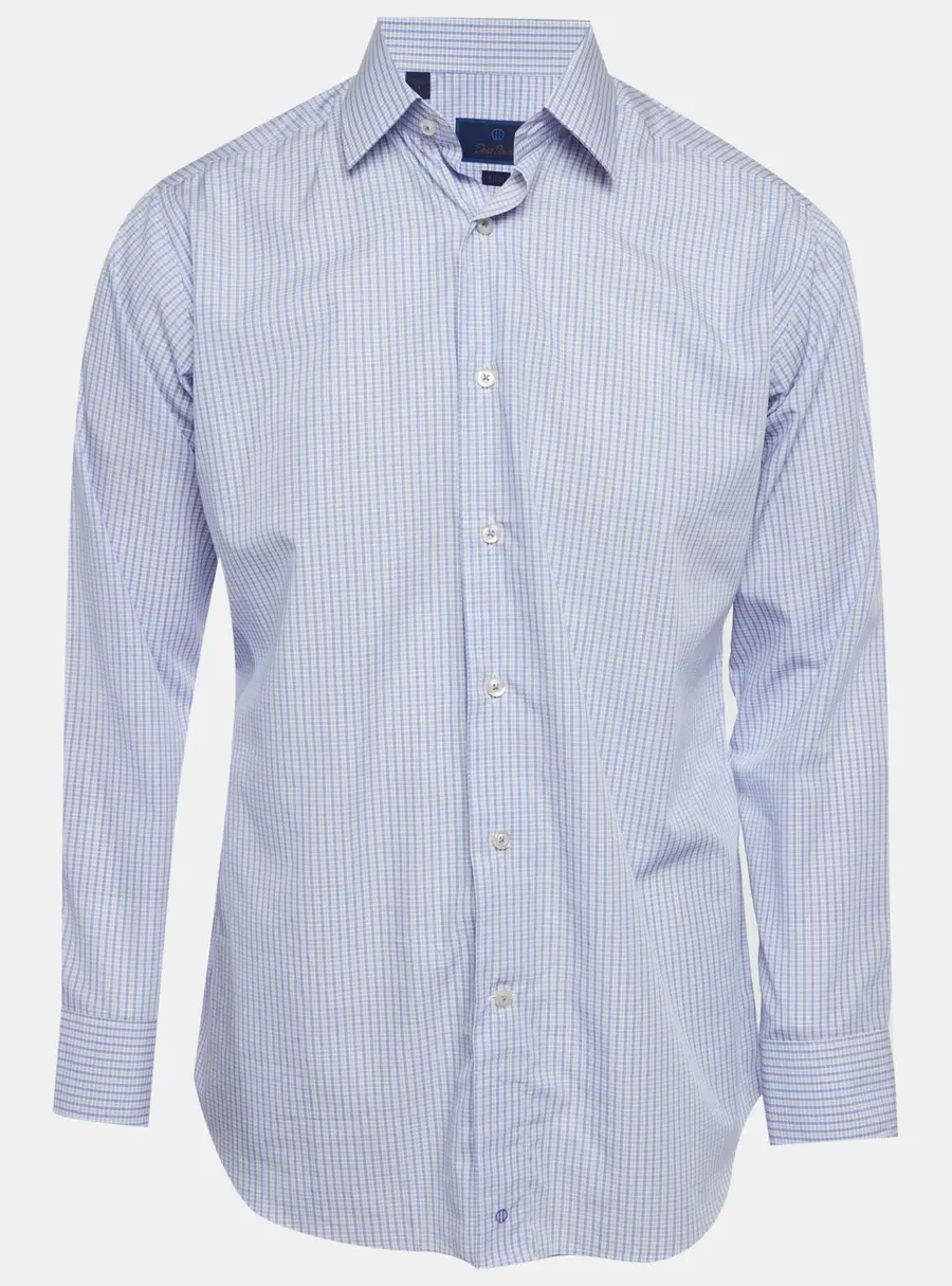 David Donahue Blue Cotton Poplin Plaid Button Down Dress Shirt L