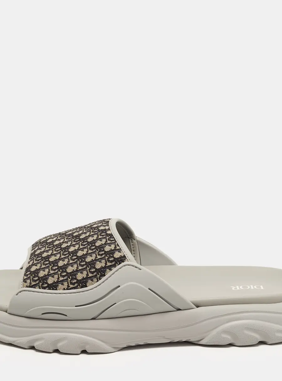 Dior H-Town Size 45 Beige/Grey Oblique Canvas and Rubber Slide Sandals