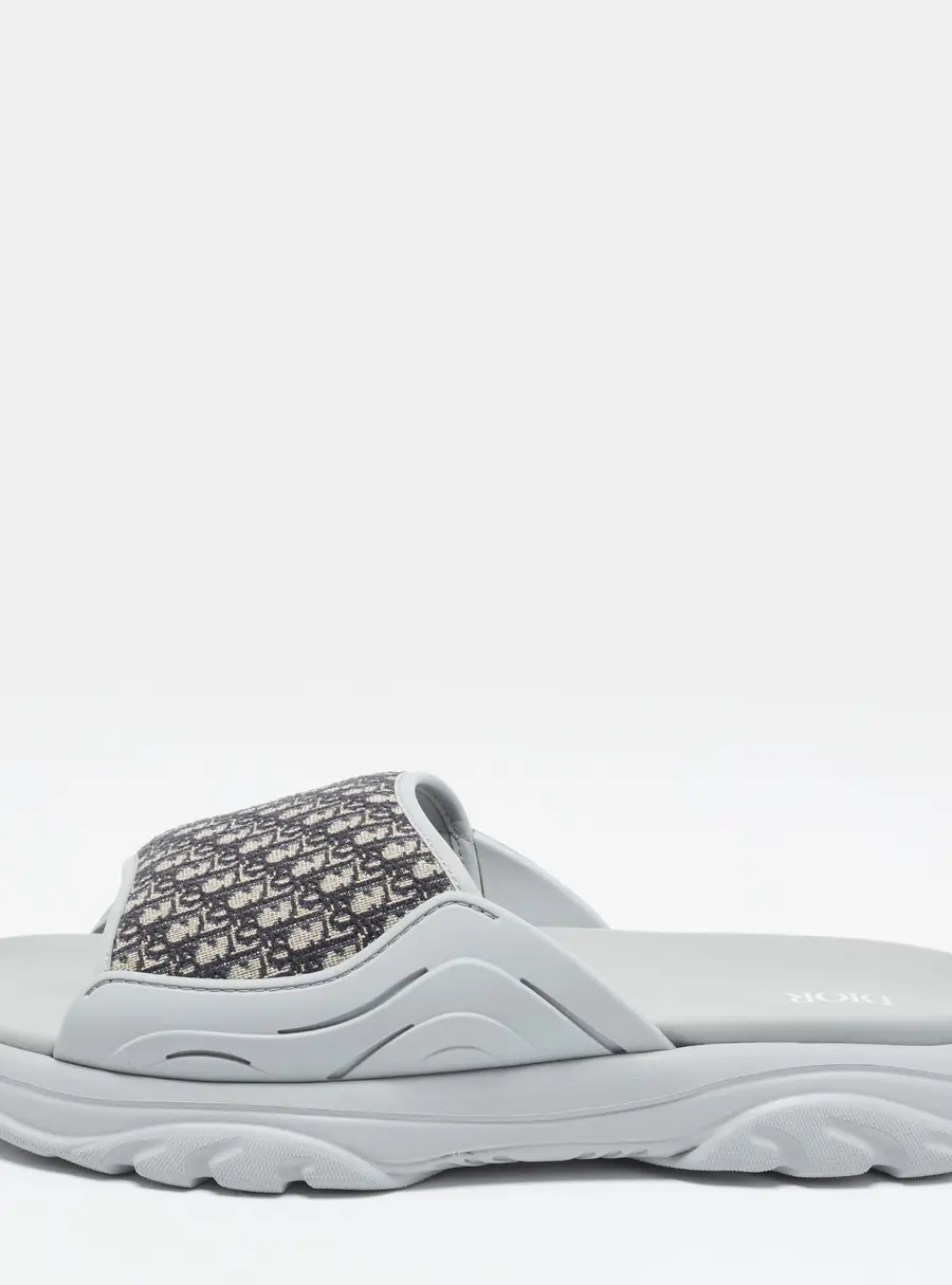 Dior H-Town Size 45 Grey/Navy Blue Oblique Canvas and Rubber Slide Sandals