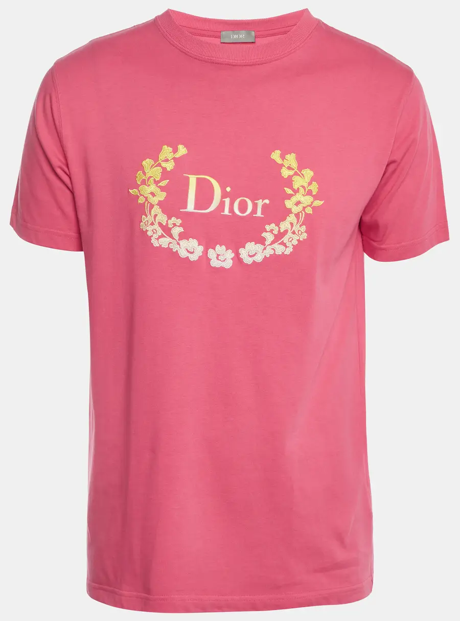 Dior Homme Pink Logo Embroidered Jersey Crewneck T-Shirt S