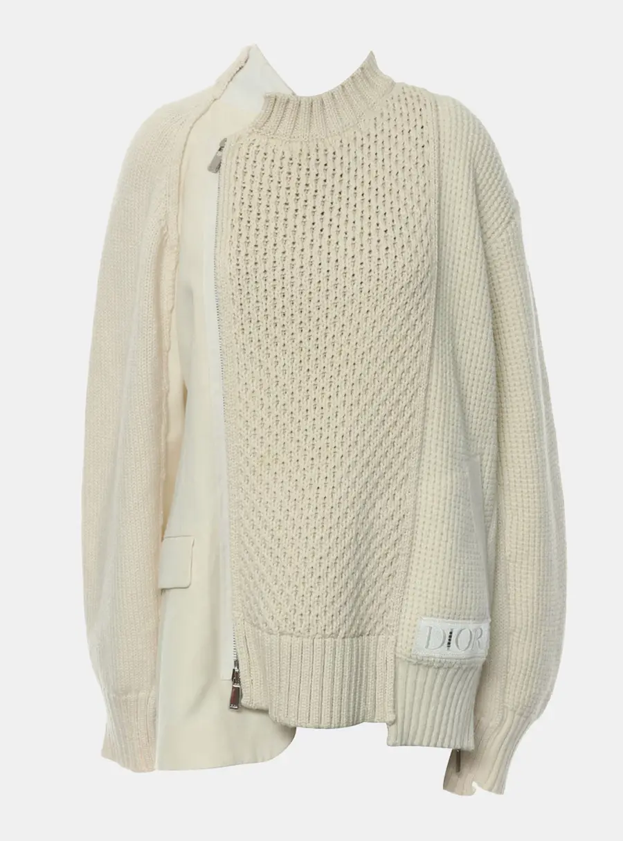 Dior x Sacai Crossover Asymmetric Cream Cotton Wool Jacket