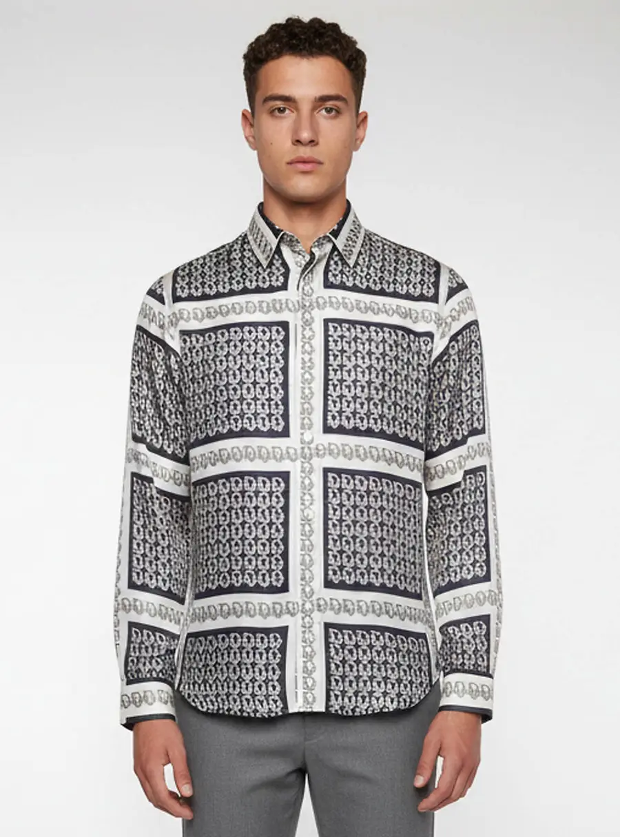 Dior Grey Printed Silk Long Sleeve Shirt M
