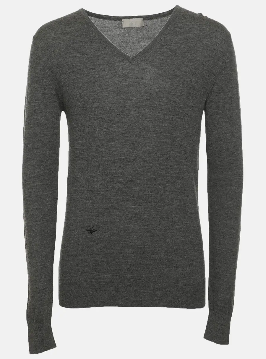 Dior Grey Wool Bee Embroidered V-Neck Sweater S