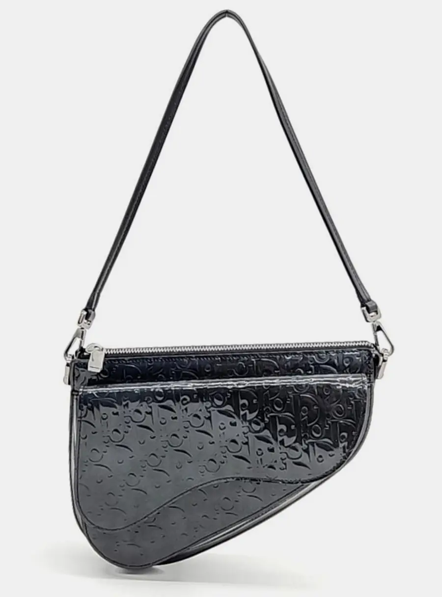 Dior Saddle Boxy Black Oblique Embossed Patent Leather Shoulder Bag