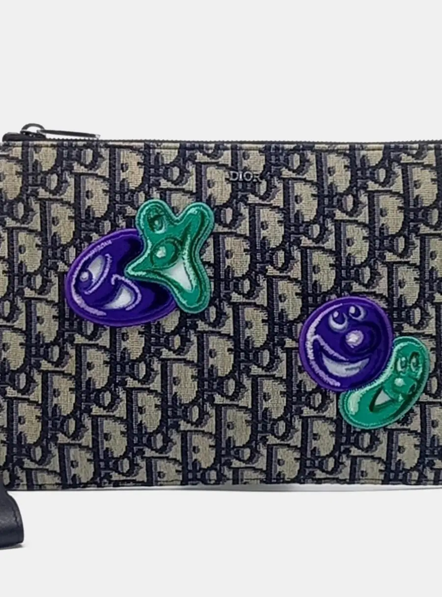 Dior x Kenny Scharf Oblique Jacquard Beige Black Fabric A5 Pouch Men's Bag