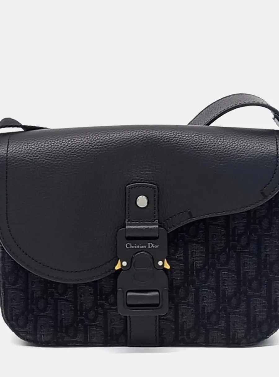 Dior Black Navy Blue Coated Canvas and Leather Oblique Saddle Messenger Bag