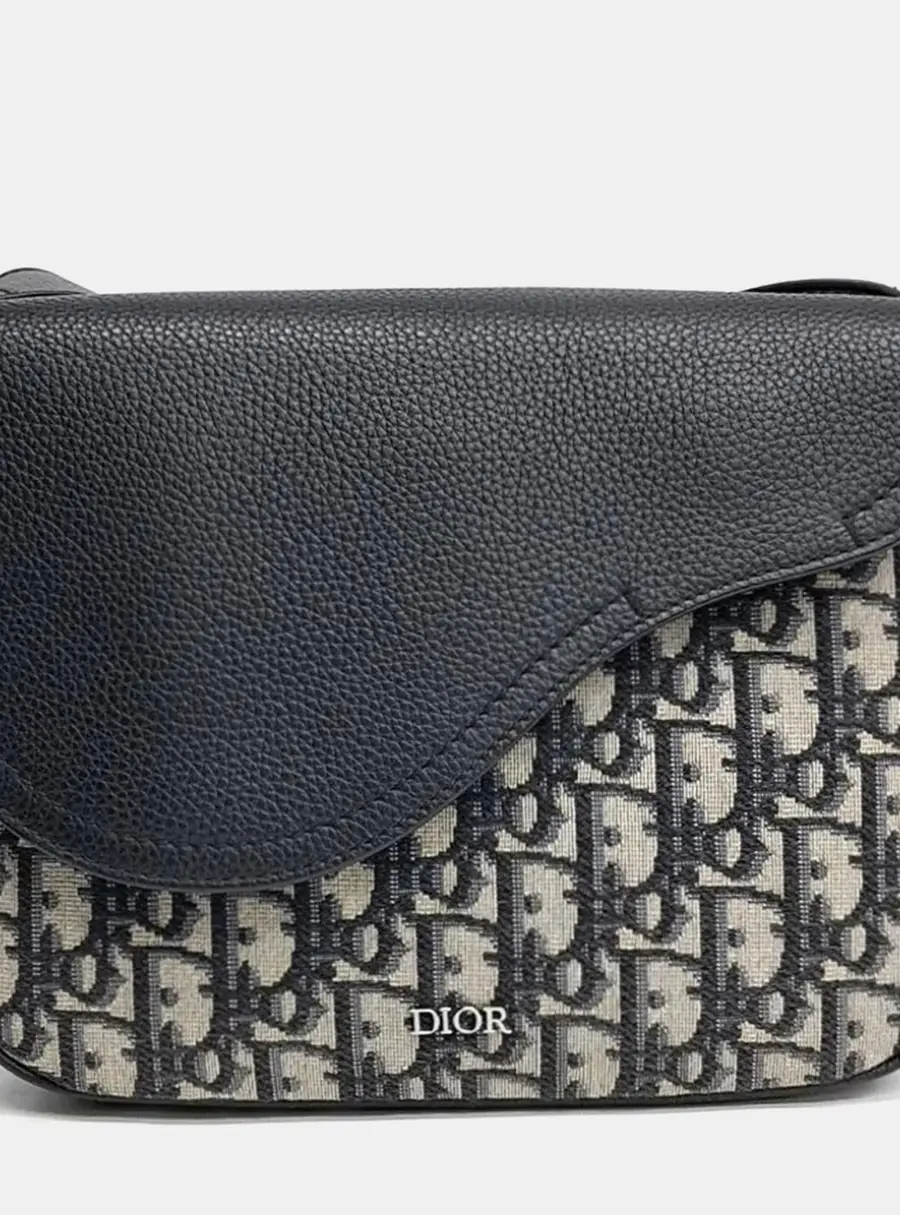 Dior Beige Navy Blue Canvas and Leather Homme Oblique Saddle Mini Messenger Bag