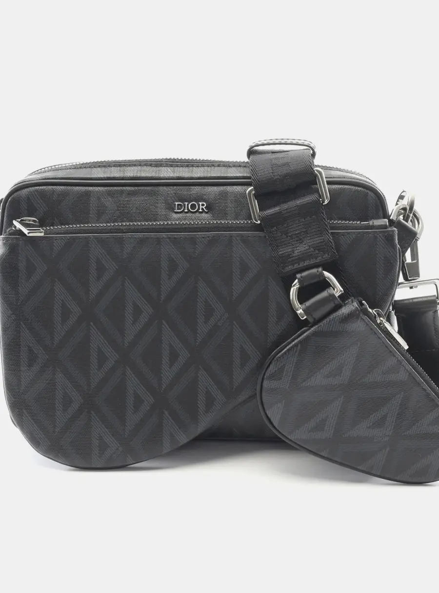 Christian Dior CD Diamond Black Coated Canvas Leather Shoulder Bag