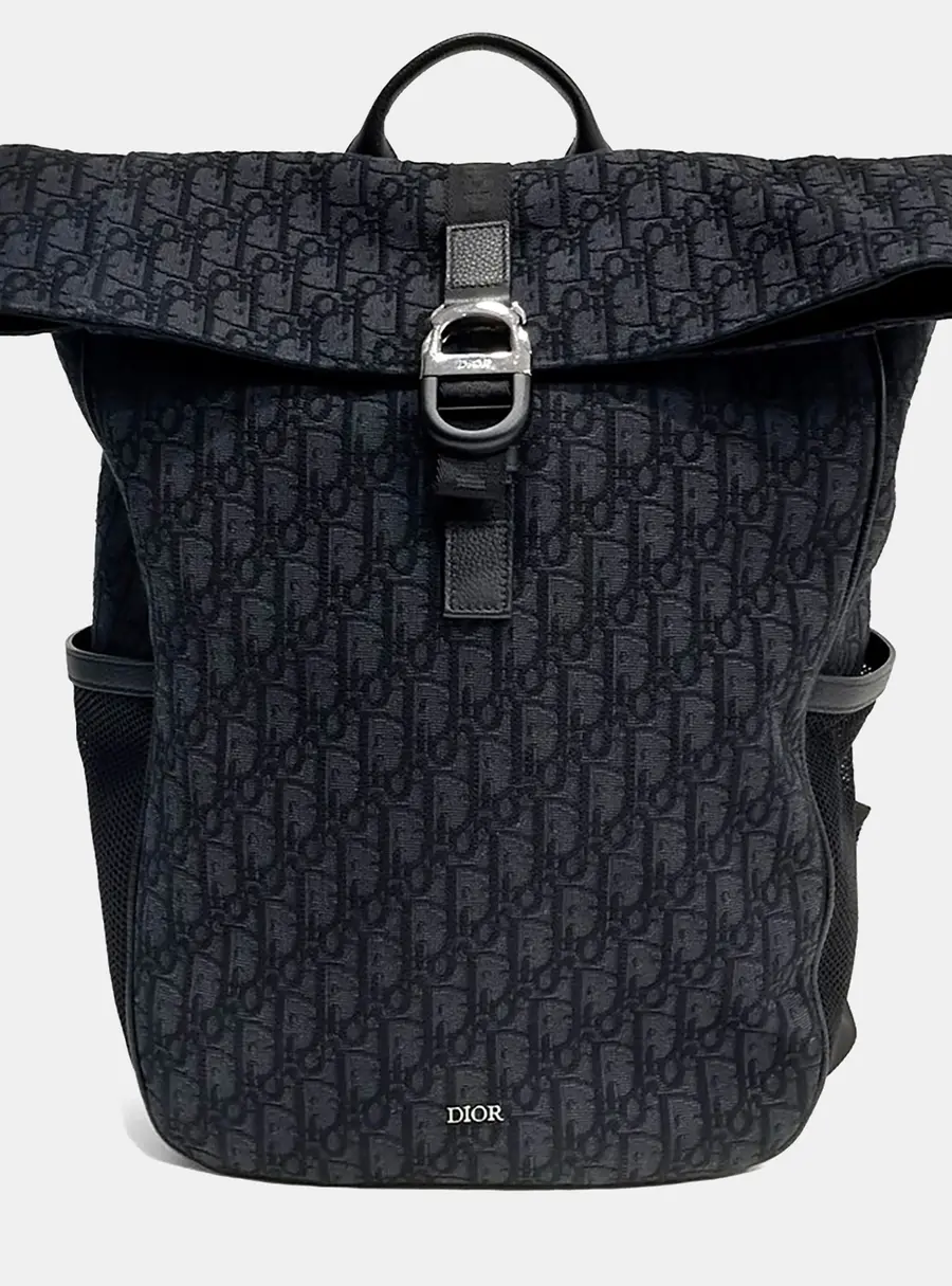 Dior Roll-Top Backpack Navy Blue Oblique Canvas Backpack Bag