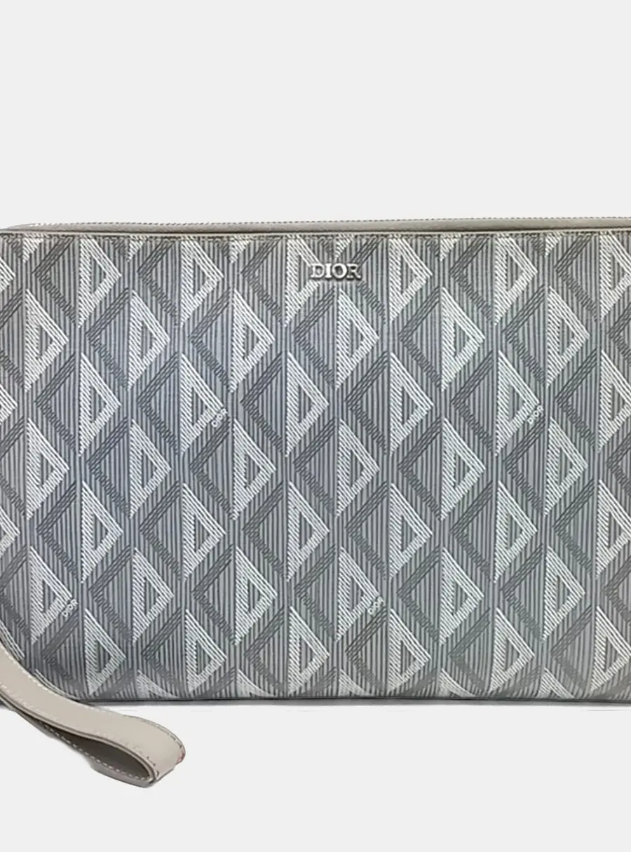 Dior CD Diamond Grey Canvas Calfskin Leather Clutch Bag