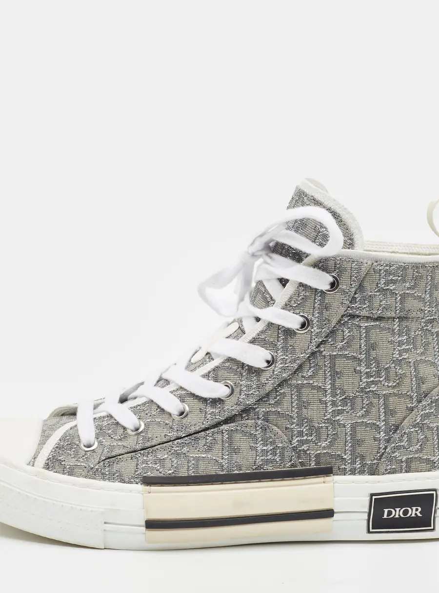 Dior B23 Size 42.5 Grey/Silver Oblique Canvas and Lurex Fabric High Top Sneakers