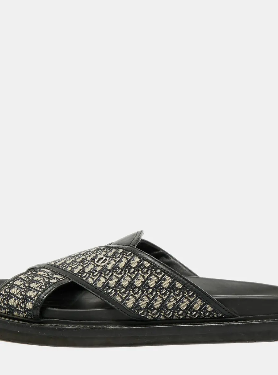 Dior Alias Size 45 Black Blue Oblique Canvas and Leather Slide Sandals